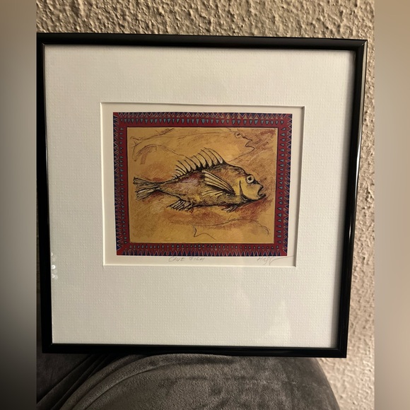 Other - Framed cave fish painting handmade artwork decor black tan wall decor vintage